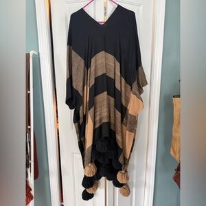 Apiece Apart Black and Tan plaid poncho/ cape with poms